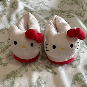 Hello Kitty White Plush Slippers with Red Bow Accents